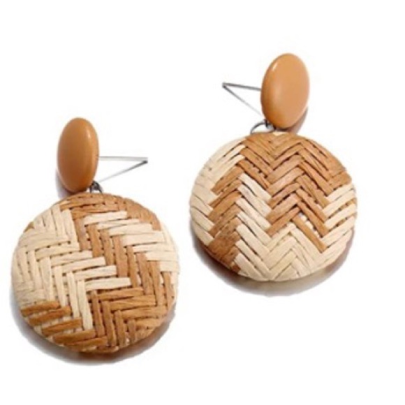 Anthropologie Jewelry - Rattan Woven Pattern Round Wood Drop Earrings